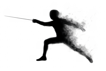 Fencer making a lunge and dissolving into smoke with transparent background