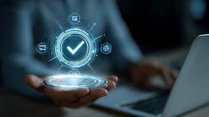 Person holding glowing digital checkmark interface with icons technology