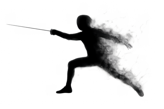 Fencer making a lunge and dissolving into smoke with transparent background