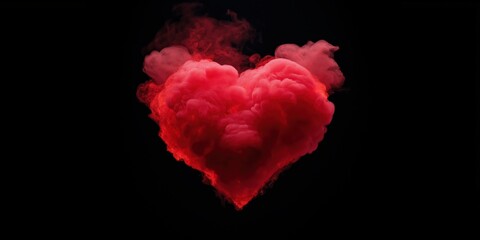 Vibrant red smoke cloud in heart shape against black background