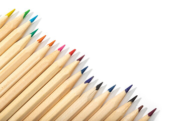 Fototapeta premium Wooden Colored pencils isolated on white background.Top view Copy space