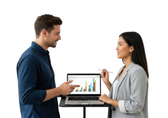 Two business professionals discussing a financial report on a laptop, isolated on transparent background