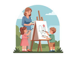 Adobe illustrator artwork vector illustration. A family with a mother and two children painting outdoors in a park on a sunny day. The illustration has a flat, minimalist style