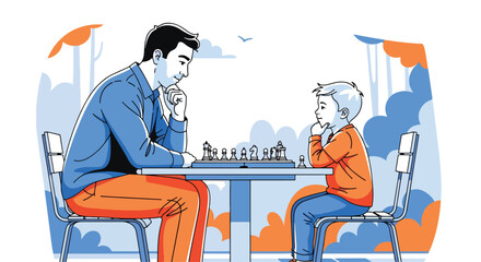Adobe illustrator artwork vector illustration. A father and son engrossed in a game of chess, sitting on a bench in a park. The flat, vector style highlights a moment of intellectual, family bonding