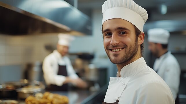 Chef in kitchen. Commercial with realistic 4k video of a chef. A team of culinary chefs in a shallow kitchen. Culinary expert in a lifestyle kitchen. - Powered by Adobe