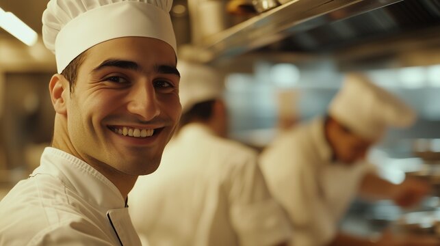 Chef in kitchen. Commercial with realistic 4k video of a chef. A team of culinary chefs in a shallow kitchen. Culinary expert in lifestyle a kitchen.