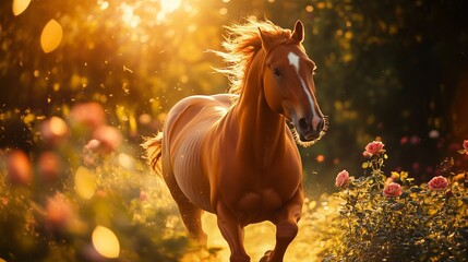 Horse running through field of flowers. A mustang with a beautiful garden and freedom. Bokeh roses in the depth of summer romance. A horse galloping across a meadow of blossoms lifestyle.