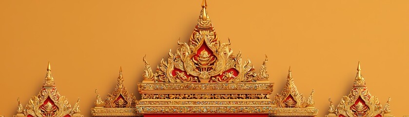 Ornate Golden Architectural Details of Traditional Thai Temple Against Soft Orange Background