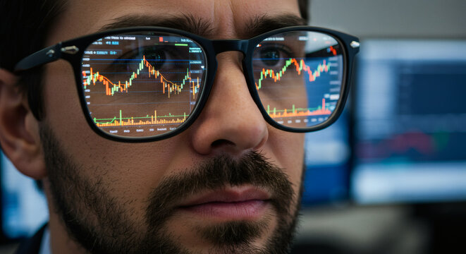 Focused investor with stock market charts reflected in glasses, symbolizing deep financial analysis and strategic business insight. - Powered by Adobe