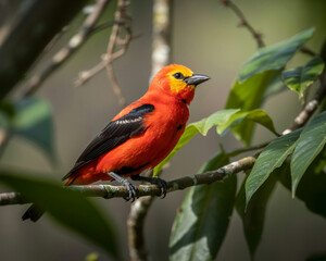 Fototapeta premium Bright orange bird with yellow head perched on a branch