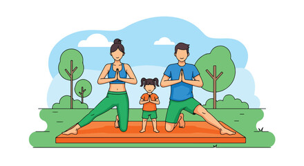 Adobe illustrator artwork vector illustration. A family, including mother, father, and daughter, practicing yoga outdoors in a park. The flat vector style conveys a sense of health, wellness