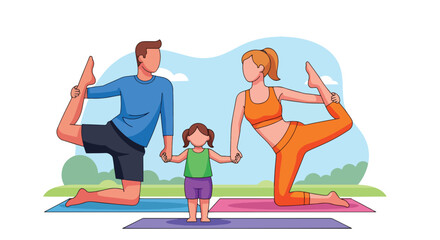 Adobe illustrator artwork vector illustration. A family, including mother, father, and daughter, practicing yoga outdoors in a park. The flat vector style conveys a sense of health, wellness