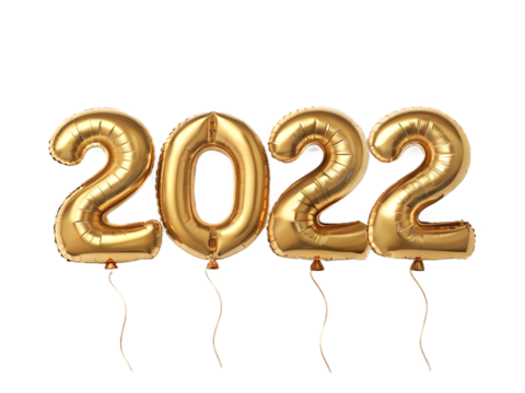 Golden 2022 balloons isolated on transparent background