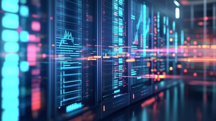 Data center with a graph on the screen. Video of a graph of dynamic data and financial server. A room of financial systems and digital interfaces. Data center featuring a chart displayed lifestyle on.