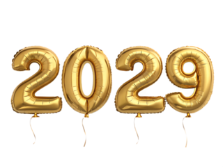 Golden balloons forming the year 2029 isolated on transparent background