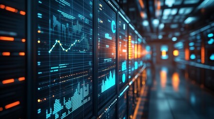 Data center with a graph on the screen. Video of a graph of dynamic data and financial server. A room of financial systems and digital interfaces. Data center featuring a chart lifestyle displayed on.