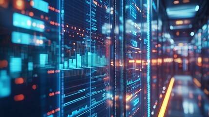 Data center with a graph on the screen. Video of a graph of dynamic data and financial server. A room of financial systems and digital interfaces. Data center featuring a lifestyle chart displayed on.