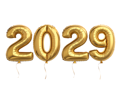 Golden balloons forming the year 2029 isolated on transparent background