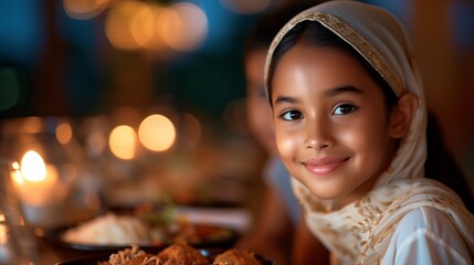 Young Muslim teen smiling, wearing hijab during joyful Iftar family dinner in Ramadan, warm candlelight illuminating gathering with shared prayers, halal food, and deep spiritual connection.