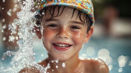 Young boy swimming pool. Young boy in hat in summer 1951 in new york city. A small field of water splashes with a pool of depth. A little boy in a lifestyle swimming pool.