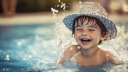 Young boy swimming pool. Young boy in hat in summer 1951 in new york city. A small field of water splashes with a pool of depth. A little boy in lifestyle a swimming pool.