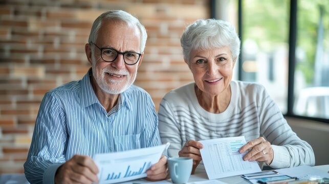 Happy elderly couple reviewing financial documents in a cozy cafe with bright natural light and casual atmosphere