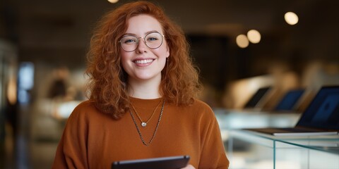 Caucasian young female smiling in store holding tablet in casual attire
