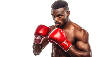 Focused Boxer Ready to Fight with Red Gloves isolated on a Transparent Background