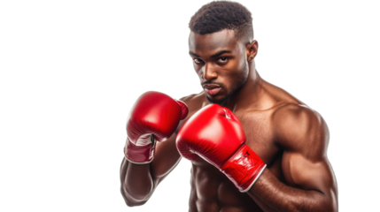 Focused Boxer Ready to Fight with Red Gloves isolated on a Transparent Background