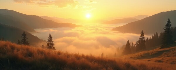 Obraz premium Golden sunbeams pierce soft morning mist blanketing mountain valleys. Serene landscape features golden hour light illuminating grassy slopes, silhouetted pine trees. Peaceful natural scene evokes