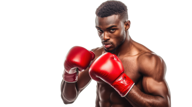 Focused Boxer Ready to Fight with Red Gloves isolated on a Transparent Background