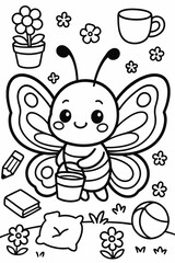 Naklejka premium Cute butterfly illustration with flowers, book, pencil and ball in a garden