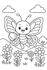 Cute butterfly illustration playing ball in a field of flowers design