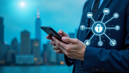 Businessman using smartphone with digital security network technology