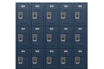 Row of Blue School Lockers with Combination Locks on Transparent Background