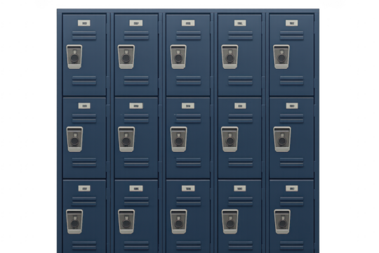 Row of Blue School Lockers with Combination Locks on Transparent Background