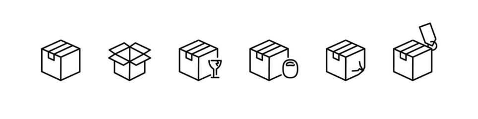 Delivery boxes, packaging and parcels set of linear icons.
Logistics and shipping outline collection.