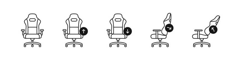 Gaming chairs set of linear icons. Adjustable ergonomic seating collection.