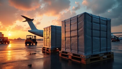 Cargo pallets wrapped in plastic, secured with straps, await loading onto aircraft at sunset. Forklifts operate on airport tarmac, efficient air freight logistics, international shipping operations.
