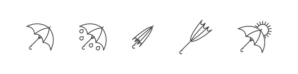 Umbrellas set of linear icons. Rain protection and weather collection.