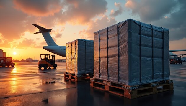 Cargo pallets wrapped in plastic, secured with straps, await loading onto aircraft at sunset. Forklifts operate on airport tarmac, efficient air freight logistics, international shipping operations.