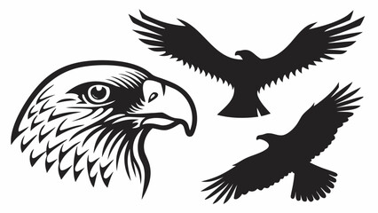 Obraz premium Illustration showing a bald eagle head and two eagles in flight in black and white design vector