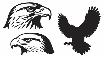 Fototapeta premium Illustration showing two eagle head profiles and a flying eagle silhouette in black and white