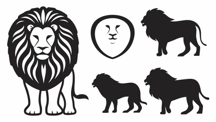 Obraz premium Various black and white lion illustrations including standing and profile views with shield emblem