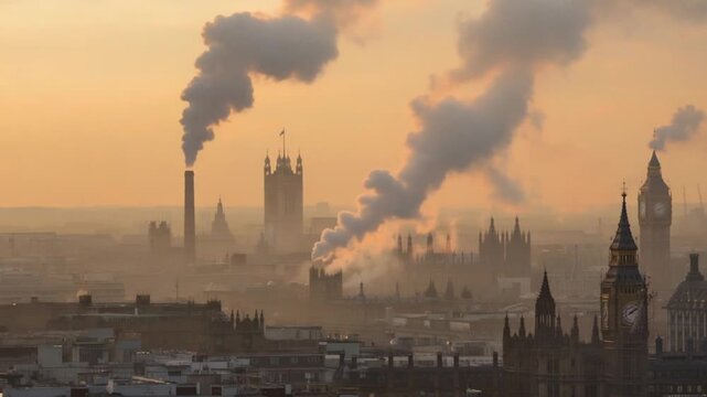 A panoramic view of a city skyline at sunset, featuring smokestacks and historic architecture