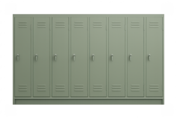 Row of green metal school lockers on transparent background