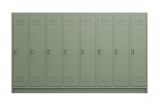 Row of green metal school lockers on transparent background