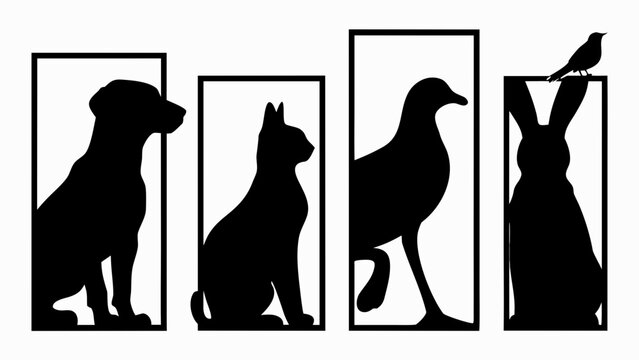Black silhouettes of dog cat bird and rabbit in frames on a white background illustration design