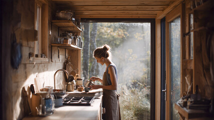 Fototapeta premium Cozy kitchen scene: woman cooking at a wooden countertop in diffused sunlight ; artisanal home cooking.