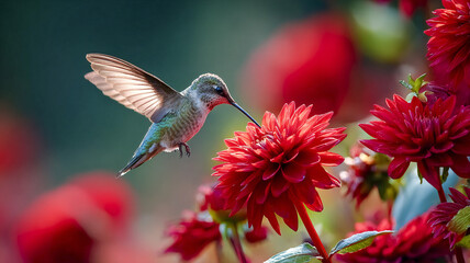 Macro shot: hummingbird mid-flight feeding on nectar from vivid red flowers ; stop-frame of pollination and delicate garden ecology.